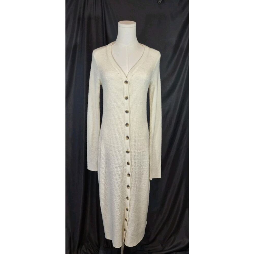 Nation LTD *IN IVORY* Waffle Knit Front Buttton Sweater Midi Dress Medium - Picture 2 of 9